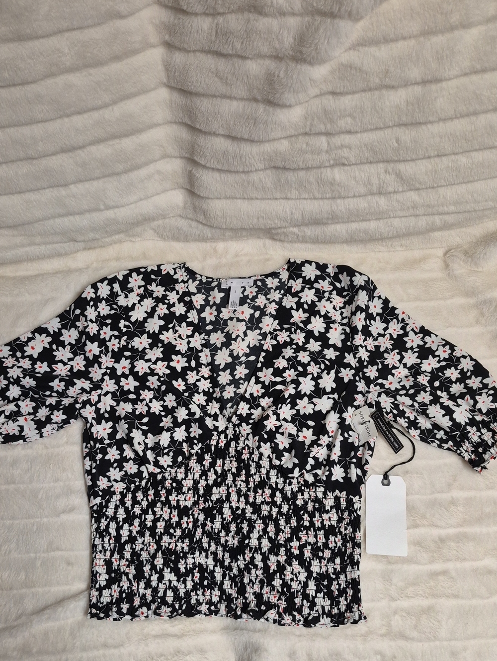 Leith Black Floral Smocked-Waist V-Neck Top